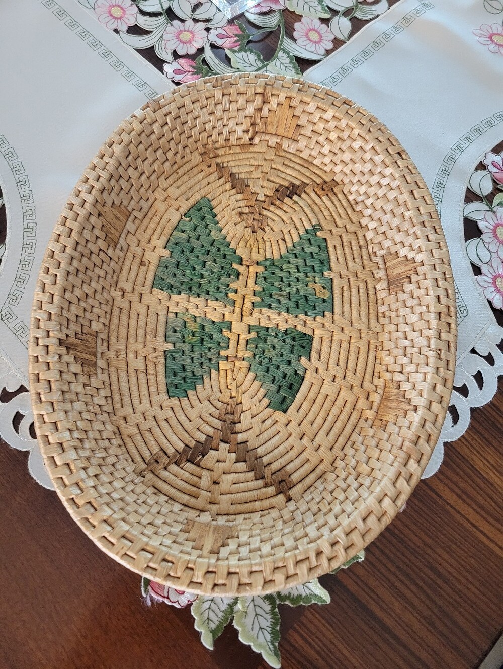 Handwoven Natural and Green Decorative Woven Basket Bowl